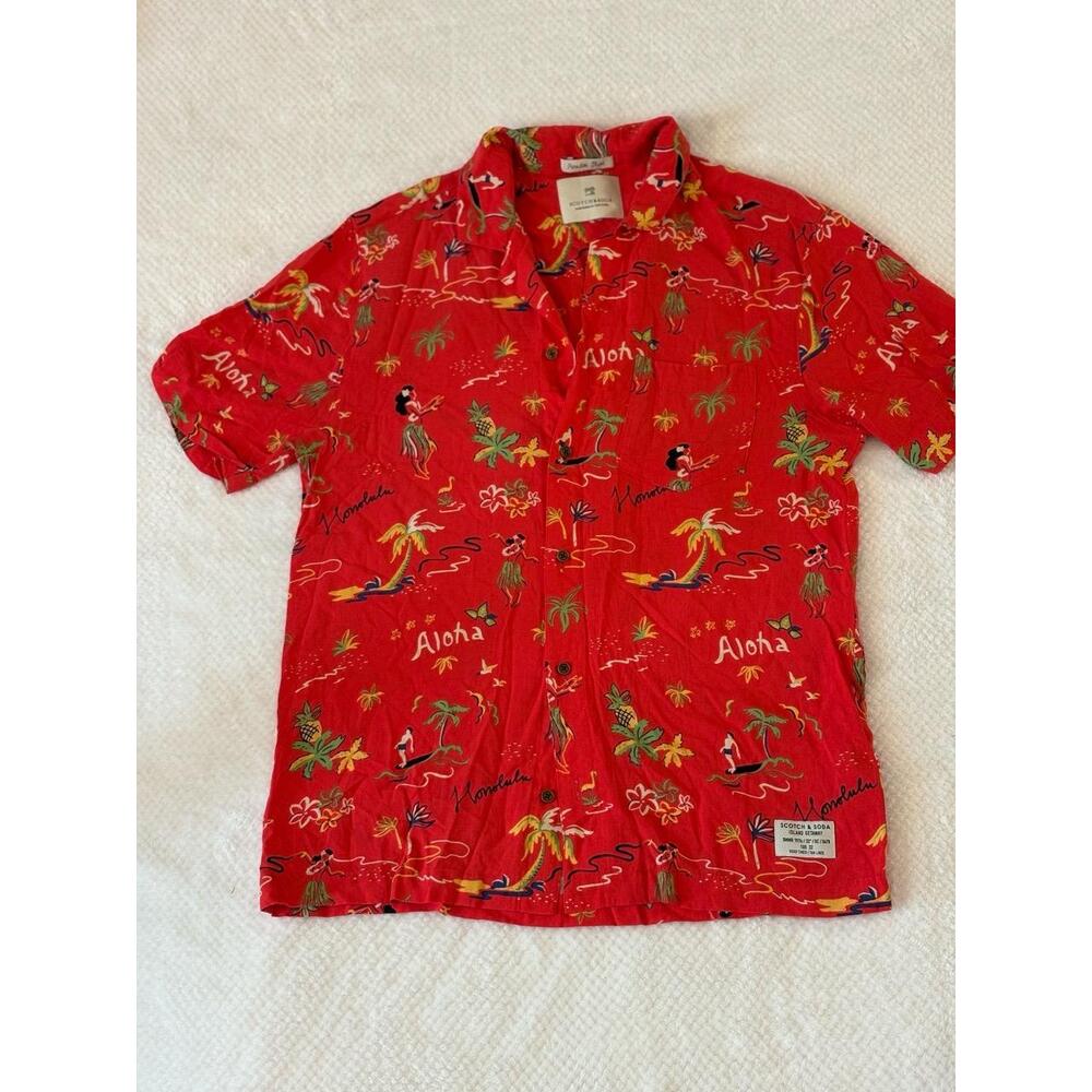 SCOTCH & SODA Mens Red Hawaiian Tropical All-Over Print Vacation Island Wear Shi